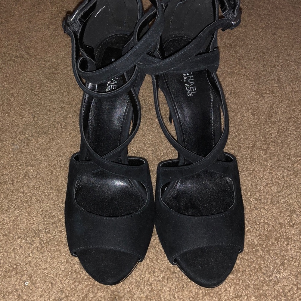 Michael Kors black strapped heel zip up back